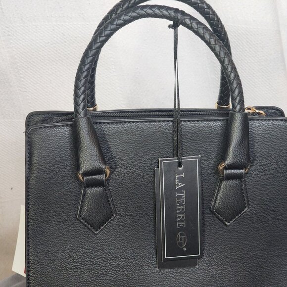 La Terre Black Peta Apprvd Vegan Braided Handle Gold Accent Feet Handbag w/Strap - Picture 3 of 16